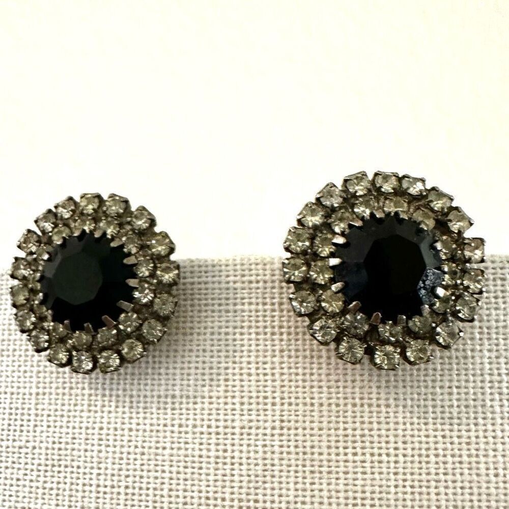 Black rhinestone vintage clip on earrings